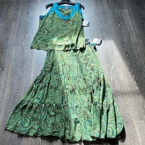 NWT Liz Claiborne Green Paisley Top & Long Skirt Set Size 16